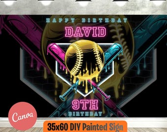 May include: A baseball-themed birthday banner with a black background. The design features a baseball with dripping yellow accents, crossed bats, and a home plate shape. Text includes "Happy Birthday David" and "9th Birthday". The banner is 35x60 inches.