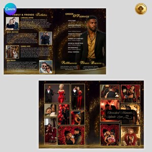 May include: A memorial service program with gold accents. The left side features family photos and text, including "Family & Friends" and names. The right side lists the "Order of Service" with sections like "Welcome" and "Tribute & Eulogy."