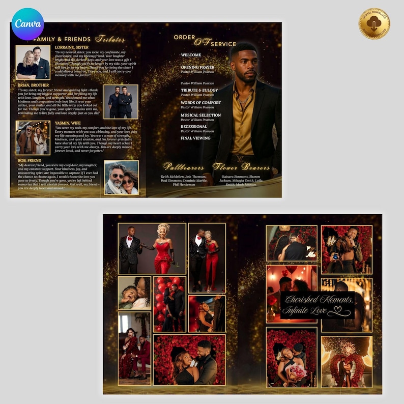 May include: A memorial service program with gold accents. The left side features family photos and text, including "Family & Friends" and names. The right side lists the "Order of Service" with sections like "Welcome" and "Tribute & Eulogy."