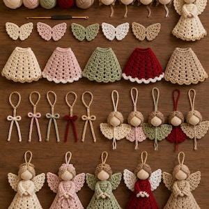 May include: A collection of crochet supplies and finished ornaments including five yarn balls, a crochet hook, five pairs of wings, five skirts, five hanging loops, and ten angel figures in beige, pink, green, and red colors with gold accents.