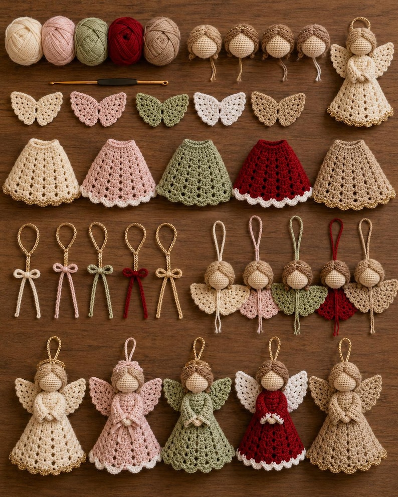 May include: A collection of crochet supplies and finished ornaments including five yarn balls, a crochet hook, five pairs of wings, five skirts, five hanging loops, and ten angel figures in beige, pink, green, and red colors with gold accents.