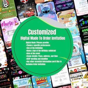 May include: A digital invitation template for a birthday party. The template is customizable and can be used for any age or theme. The text on the template says "Customized Digital Made To Order Invitation".
