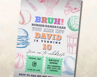 Invitación de cumpleaños editable para Bruh: Fiesta deportiva (13 x 18 cm)