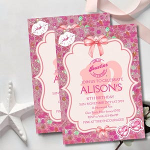 May include: Two pink glittery birthday party invitations with the text "Alison's 10th Birthday". The invitations have a pink bow and heart-shaped glasses graphic. The invitations also have the text "Pink Attire Encouraged".