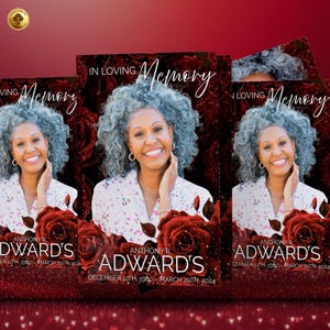 May include: Memorial cards with a smiling woman, text "In Loving Memory", and the name "Adward's" with dates. The design features red roses and a burgundy background. The woman has gray curly hair and is wearing a floral print shirt.