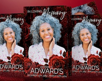 Red Roses Funeral Program: 8-Page Celebration of Life Obituary (Canva Template)