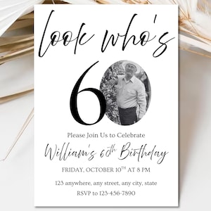 Look Who's 60 Birthday Invitation | Funny 60th Invite with Photo | Simple Graceful Male 60th Party Instant Download Canva Pdf Template