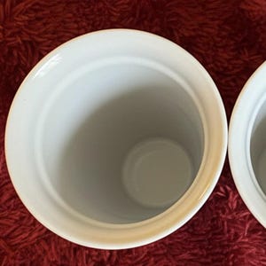 Pu&ograve; includere: Due contenitori in ceramica bianca con finitura lucida. I contenitori hanno una forma cilindrica con un'ampia apertura e una base arrotondata. L'interno &egrave; di colore grigio chiaro. I contenitori sono su uno sfondo rosso.
