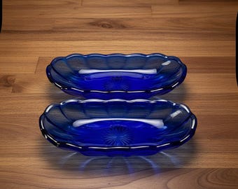 Ciotole per banana split in vetro blu cobalto - Piatti vintage per soda fountain, set da 2