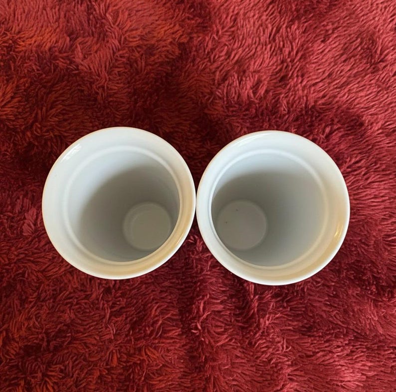 Pu&ograve; includere: Due contenitori in ceramica bianca di forma cilindrica con un'ampia apertura. I contenitori sono appoggiati su uno sfondo rosso strutturato. L'interno dei contenitori &egrave; grigio chiaro.