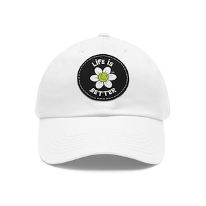 Smiling Pickleball Daisy Hat with Leather Patch, Casual Cap, Pickleball, Flower Hat, Indoor/Outdoor Wear
