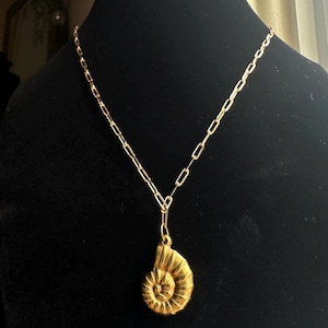 Golden Ammonite Necklace – Nautical Fossil Pendant on Paperclip Chain