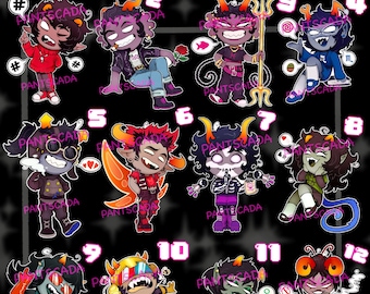 May include: A collection of twelve Homestuck acrylic charms, each featuring a unique character design. The charms showcase various characters with horns, outfits, and accessories. The text "HOMESTUCK ACRYLIC CHARMS!!" is displayed at the top in green and pink.