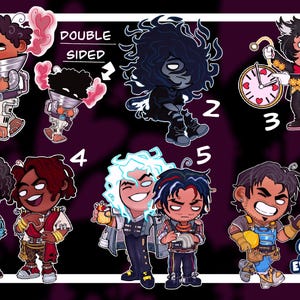 May include: A collection of colorful cartoon character illustrations. The characters are numbered and include a space-themed figure, a shadowy figure, a cat-like character holding a clock, and other stylized figures. The text "DOUBLE SIDED" is visible.