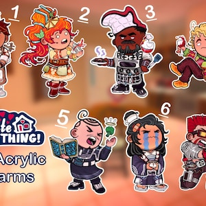 Puede incluir: Un conjunto de siete colgantes acrílicos de 5 cm x 13 cm con personajes de dibujos animados. Los colgantes representan varias figuras, incluyendo un chef y un camarero. El texto "Date Everything!" también es visible.