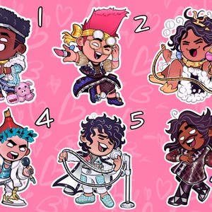 May include: Six cartoon character stickers on a pink background with heart shapes. Each character is dressed in a unique outfit and poses with different props. The stickers are numbered 1 to 6. The text "Date Everything!" is in the bottom right corner.