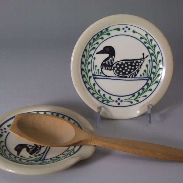 Spoon Rest  Loon with Green Accents on White Background - Stoneware Pottery