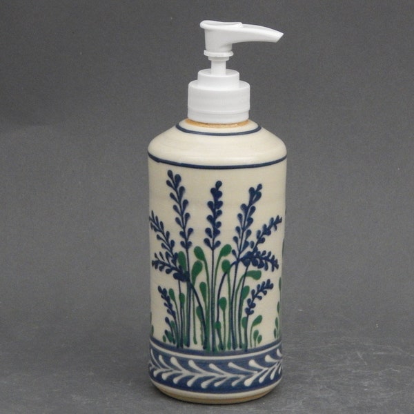 Soap or Lotion Dispenser Blue Wheat With Green Accents on  White background Stoneware- Stoneware Pottery