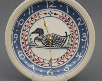 7" Small Stoneware Clock Loon design with Red Accents - Stoneware Pottery