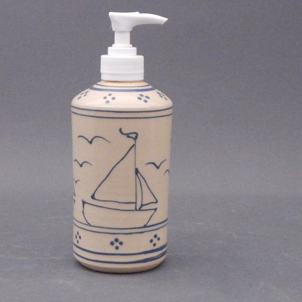 Made to Order -Soap or Lotion Dispenser Blue Sailboat  on Stoneware Pottery  Straight Sided - Stoneware Pottery