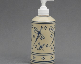 Soap or Lotion Dispenser Blue Dragonfly on Stoneware