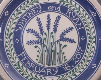 11" Personalized Blue Wheat with Green Accents  Wedding Plate - Stoneware Pottery