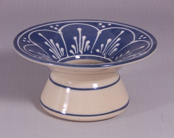 Stoneware Ikebana Vase  Pin Vase Wedding centerpiece NEW white scallops on Blue