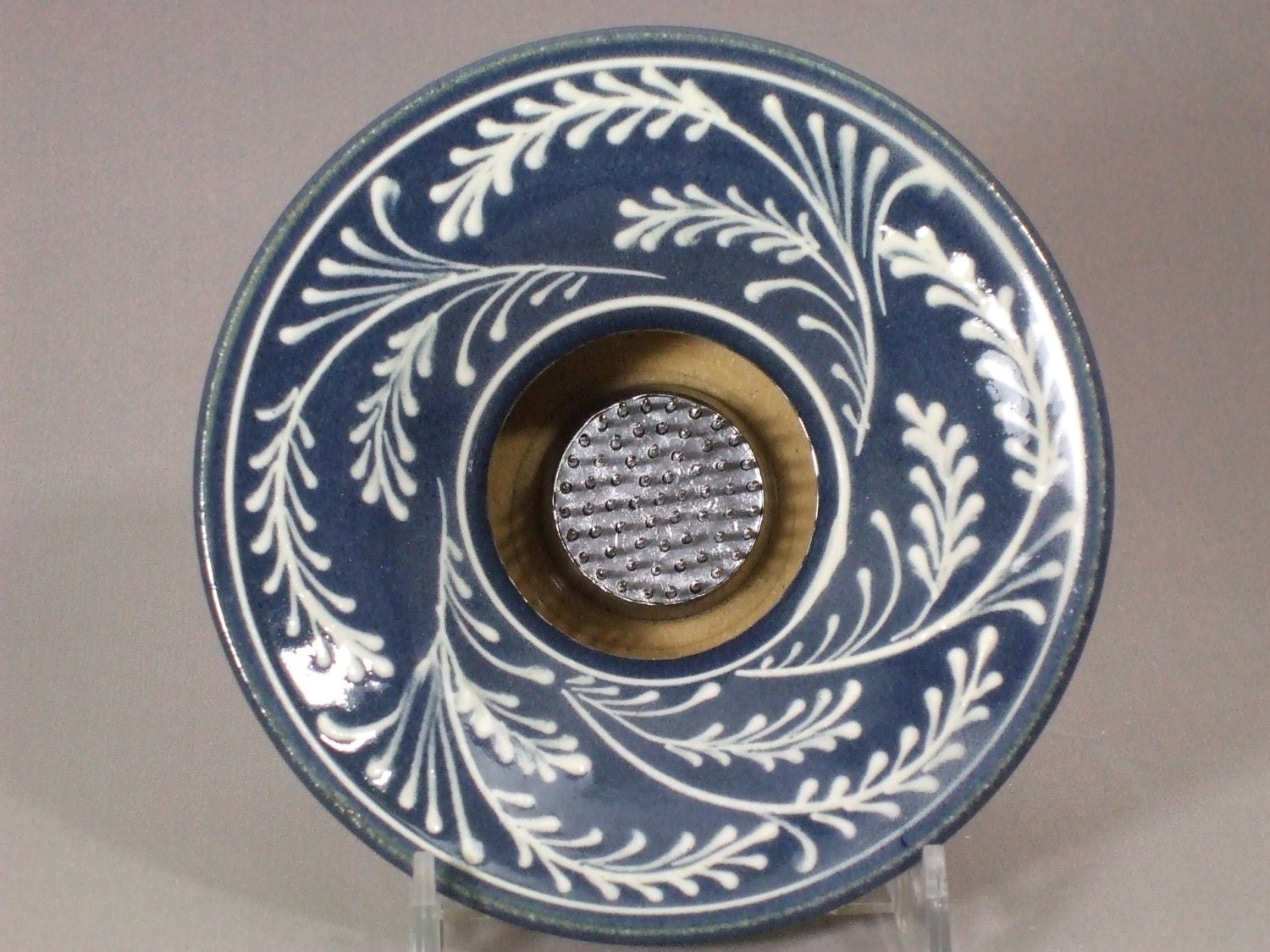 stoneware Ikebana Vase Pin Wedding Centerpiece White Wheat On Blue Background - Pottery