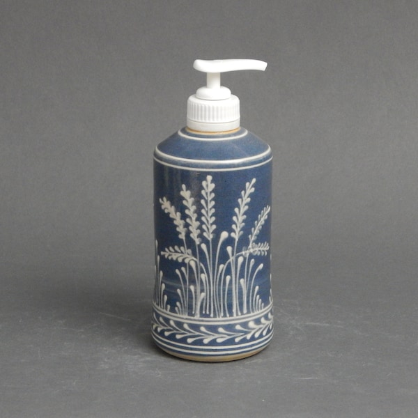 Soap or Lotion Dispenser White Wheat on a Blue background Stoneware-and other designs