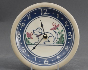 7"  Small Stoneware Clock Blue Dog with Flowers - Stoneware Pottery