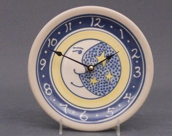 7" Small Stoneware Clock Moon and Stars Pattern 7" diameter