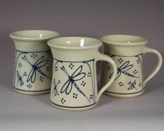 Mug  Coffee or Tea   Blue Dragonflies design Stoneware - Stoneware Pottery