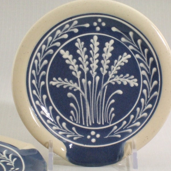 Spoon Rest White Wheat on Blue background- Stoneware Pottery