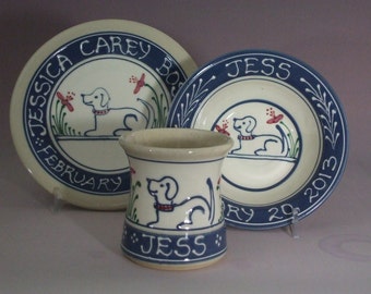 Ceramic Personalized Multi-Color Stoneware Baby's Set  7" Plate, Cup and Bowl Set Blue Puppy Dog  with Flowers Pottery