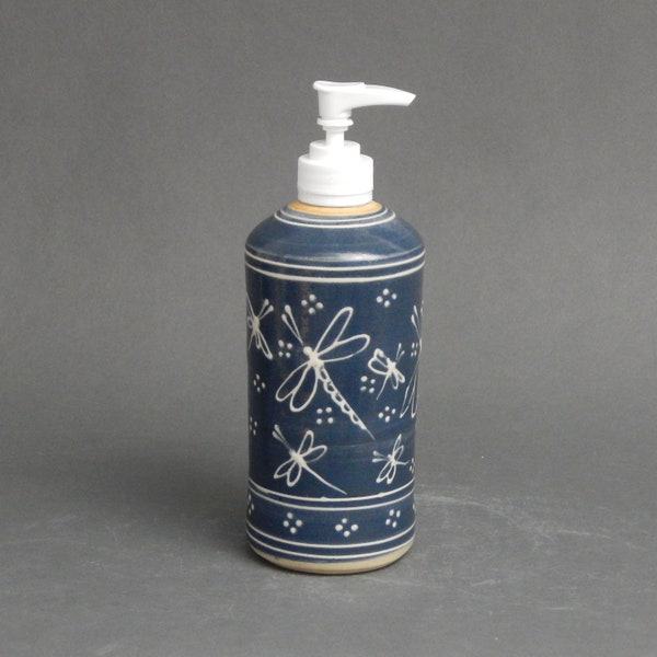 Soap or Lotion Dispenser White Dragonfly  on a Blue background Stoneware