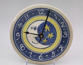 7" Small Stoneware Clock Moon and Stars Pattern Yellow Sun border