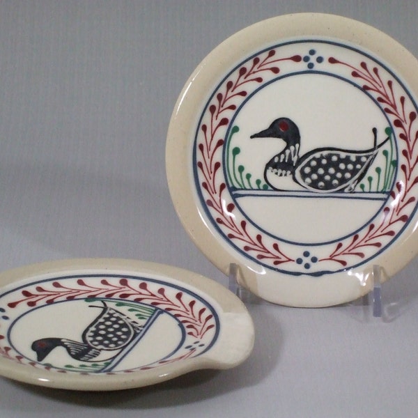 Spoon Rest  Loon with Red Accents on White Background - Stoneware Pottery