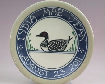 Loon or Duck  Deluxe Multicolor Personalized Child Birth Plate -  Baby Gift New Baby - Stoneware Pottery