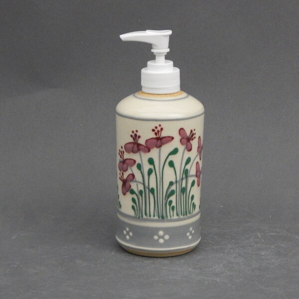 Soap or Lotion Dispenser Red and Pink Flowers on White Slip  - Grey Blue Banding Stoneware Pottery