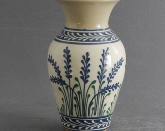 Small Stoneware Vase  Blue Wheat on White pattern with green accents