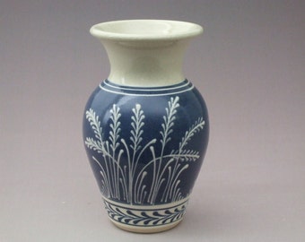 Small Vase  White Wheat on Blue background Stoneware Vase
