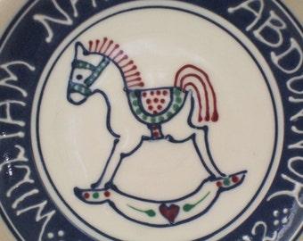 Personalized Child's Birth Plate -  Baby Gift New Baby Rocking Horse  Deluxe Multicolor- Stoneware Pottery