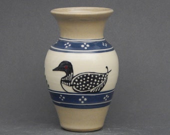 Small Stoneware Vase  Loon pattern with green accents