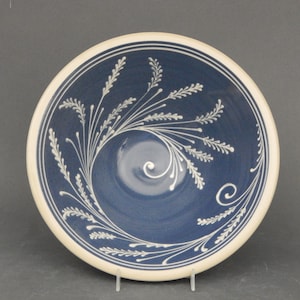 11" Large Stoneware Bowl  White wheat Spiral Swirl  Pattern on a Blue background