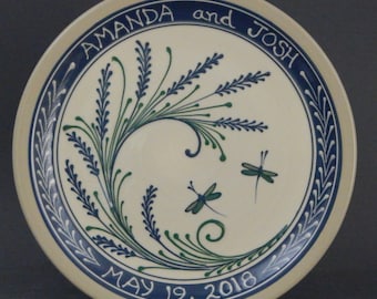 Personalized 11"  Blue Wheat with Green Accents  two dragonflies Wedding Plate Stoneware Pottery