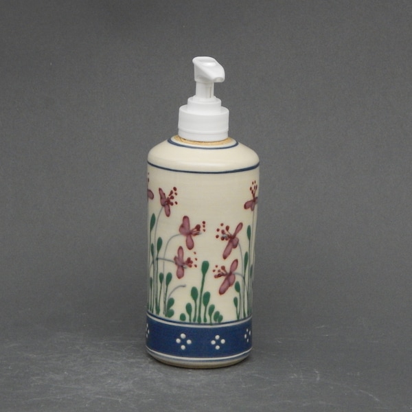 Soap or Lotion Dispenser Red and Pink Flowers on White Slip  - Stoneware Pottery