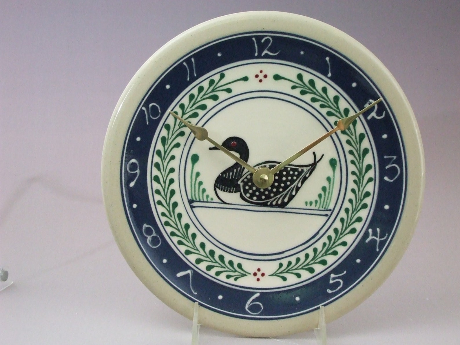 9 Large Stoneware Clock Loon With Red Accents and Green Etsy