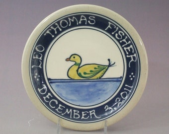 Personalized Child Birth Plate -  Baby Gift New Baby Yellow Duck Deluxe Multicolor - Stoneware Pottery