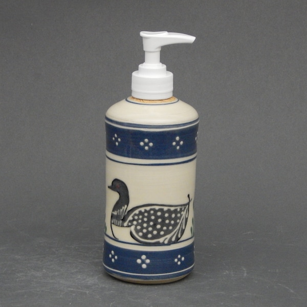 Soap or Lotion Dispenser Loon Design on  White background Stoneware