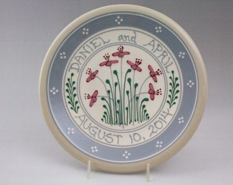 9" Wedding Plate or Baby Child Plate Red and Pink Flowers with  Green Accents Made to Order - Stoneware Pottery